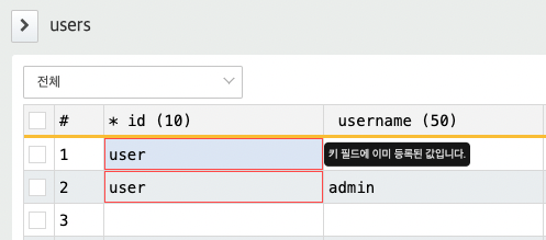 일괄 입력 중 발생할 수 있는 오류 메시지의 예